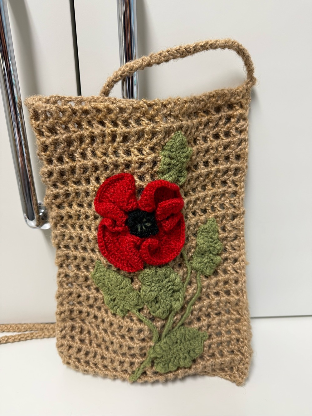 Handmade in Russia Crochet Tan Crossbody Bag with Red Poppy